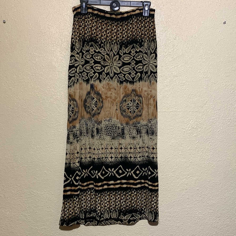 Mirasol Maxi Skirt L Stretch Pull On Floral Brown Black Beige Acetate Spandex